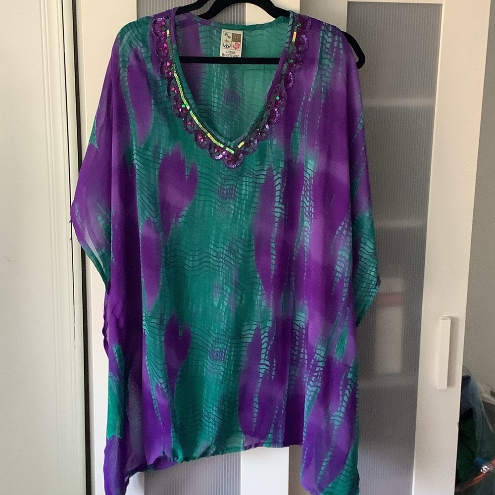 India Boutique Green & Purple V-Neck Beaded Cover Up